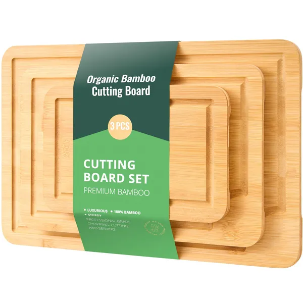 Cutting Board, 3 Pieces, Premium Versatile Bamboo Cutting Board with Food-Grade Oil and Juice Groove,Sturdy & Durable Chopping Board with Built-in Handle, Fit for Display, Chopping & Serving - Image 4