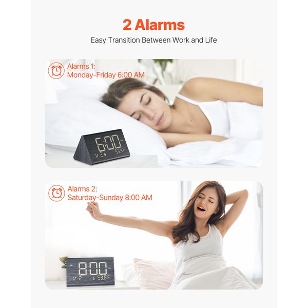 Digital Alarm Clock, Wooden Desk Clock with Dual Alarm, USB Port, Snooze, Night Light, Voice Control, Adjustable Volume, Bedside Desktop Clock with Charger for Bedroom, Kitchen, Office, Black - Image 3