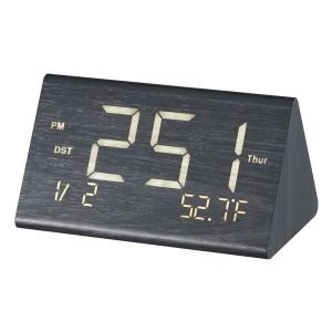 Digital Alarm Clock, Wooden Desk Clock with Dual Alarm, USB Port, Snooze, Night Light, Voice Control, Adjustable Volume, Bedside Desktop Clock with Charger for Bedroom, Kitchen, Office, Black