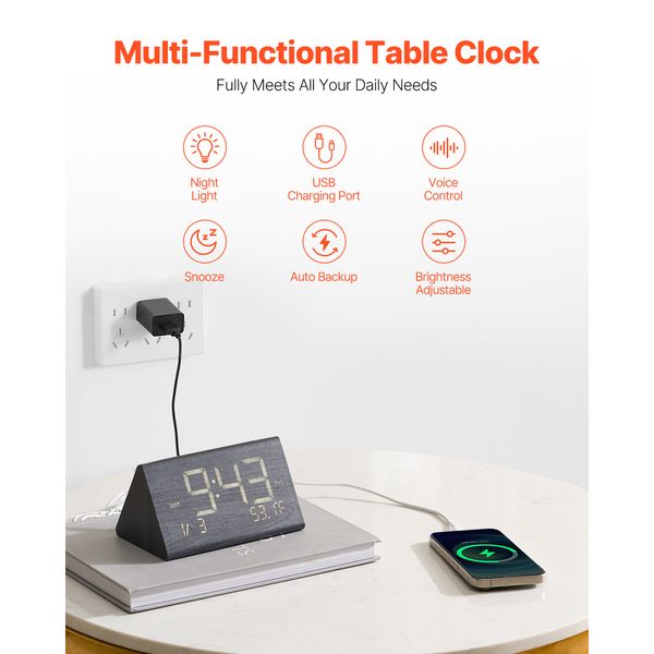 Digital Alarm Clock, Wooden Desk Clock with Dual Alarm, USB Port, Snooze, Night Light, Voice Control, Adjustable Volume, Bedside Desktop Clock with Charger for Bedroom, Kitchen, Office, Black - Image 5