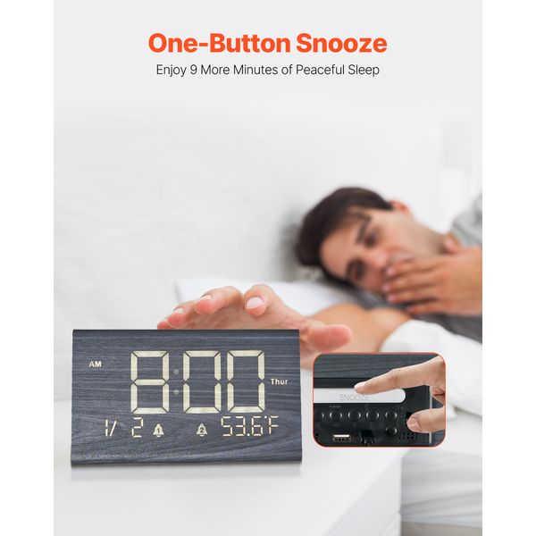 Digital Alarm Clock, Wooden Desk Clock with Dual Alarm, USB Port, Snooze, Night Light, Voice Control, Adjustable Volume, Bedside Desktop Clock with Charger for Bedroom, Kitchen, Office, Black - Image 6