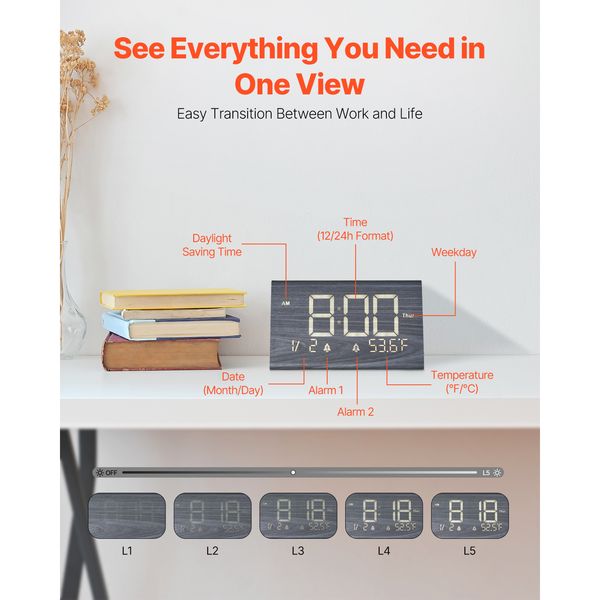 Digital Alarm Clock, Wooden Desk Clock with Dual Alarm, USB Port, Snooze, Night Light, Voice Control, Adjustable Volume, Bedside Desktop Clock with Charger for Bedroom, Kitchen, Office, Black - Image 7